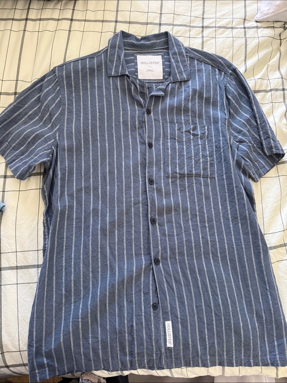 Hollister Navy Blue Vertical-Stripe Short Sleeve Button-Up Shirt